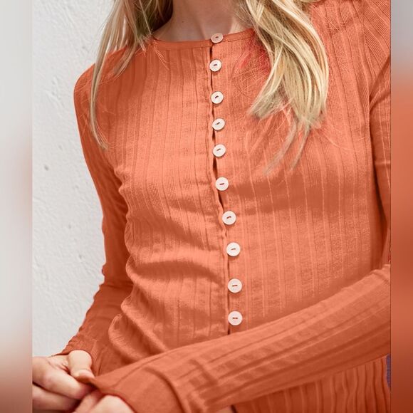 Basic Bae Texture Button Up Ribbed Fittes Cardigan Top Orange - Picture 4 of 4